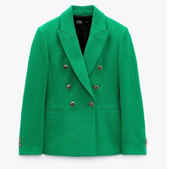 ZARA Balmain Style Textured Blazer Gold Buttons XS Green Blogger’s Favorite - Picture 5 of 7